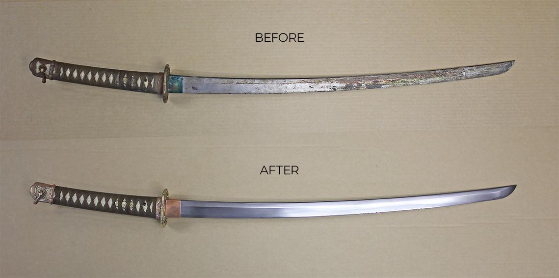 Before and after Japanese sword polishing showing improved hamon visibility Before and after Japanese sword polishing showing improved hamon visibility