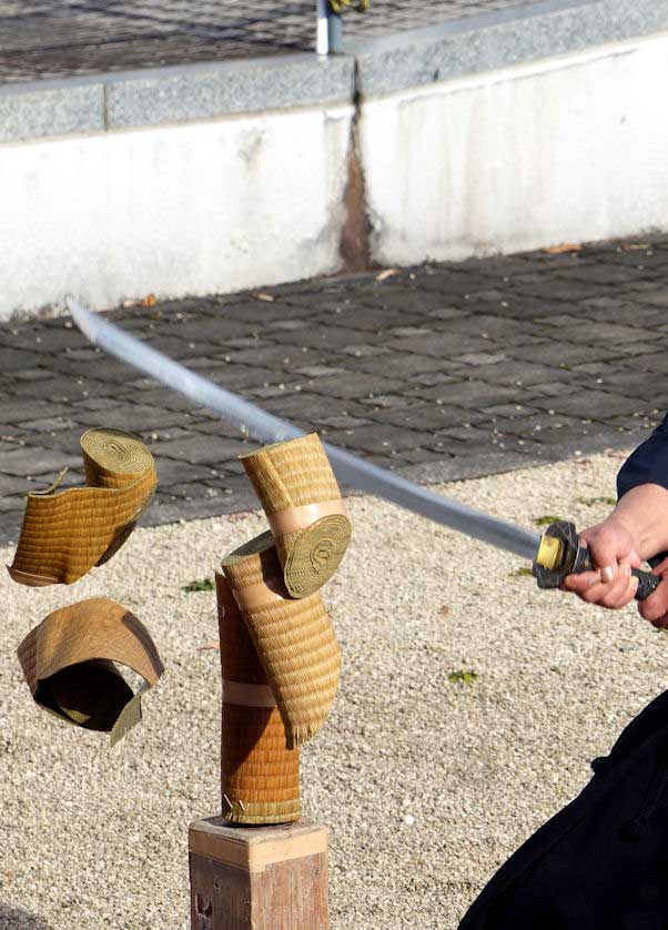 Close-up of rolled goza and tatami omote used as Japanese sword cutting targets