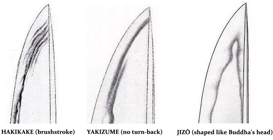 Jizo Boshi pattern on a Japanese sword with a distinctive constricted kaeri shape Jizo Boshi pattern on a Japanese sword with a distinctive constricted kaeri shape