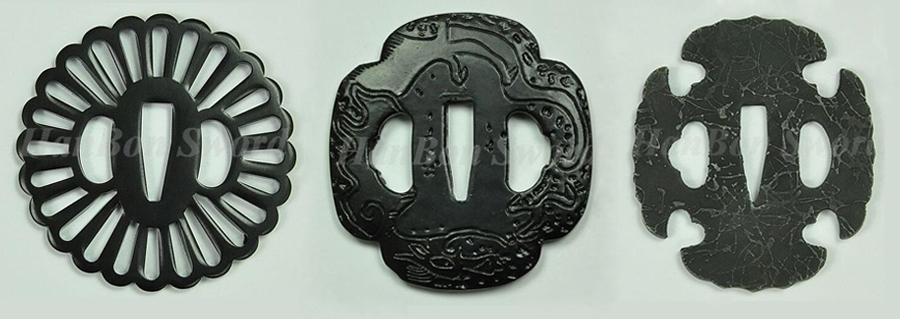 Traditional Japanese tsuba showing the design and shape of a Japanese sword guard