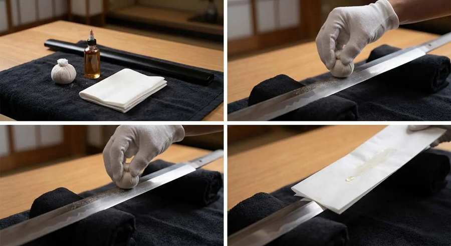 Japanese katana maintenance with sword oil and cleaning tools Japanese katana maintenance with sword oil and cleaning tools