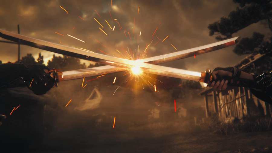 Two katana swords clashing together showing the reality of sword blade contact Two katana swords clashing together showing the reality of sword blade contact