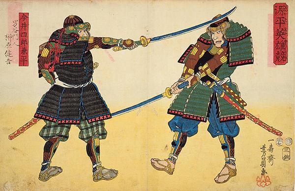 Historical illustration of samurai fighting with katana swords Historical illustration of samurai fighting with katana swords