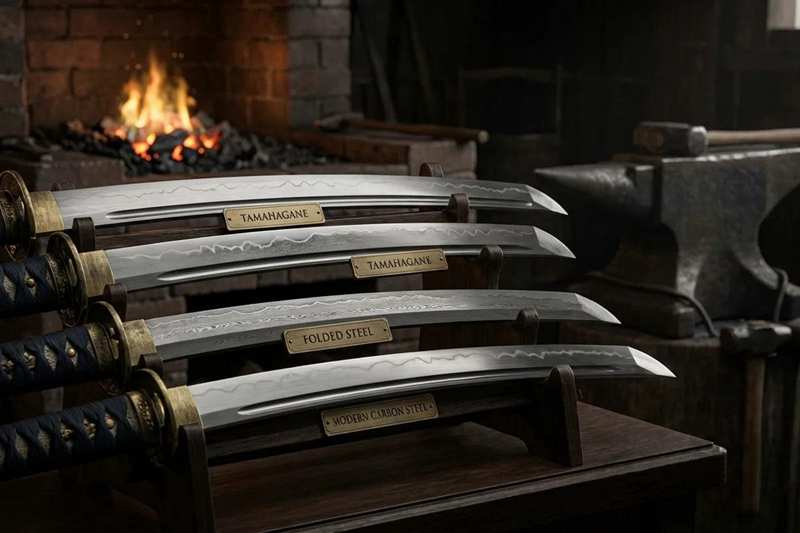 Comparison between Damascus steel sword and carbon steel sword blade