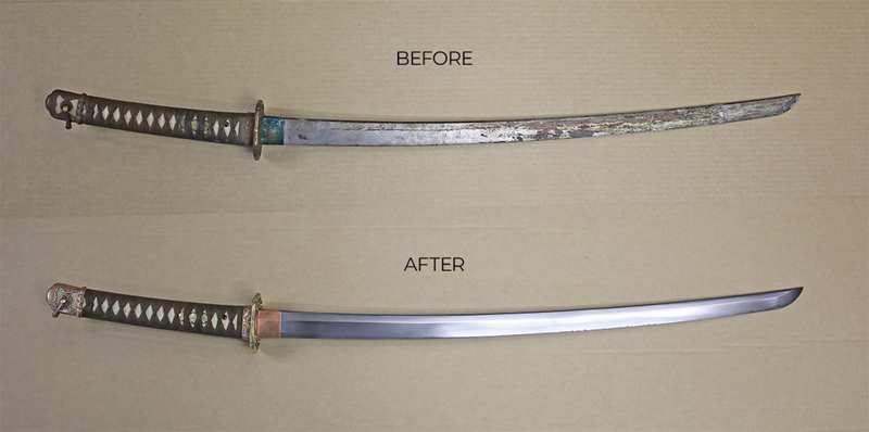Before and after katana blade polishing showing revealed hamon pattern Before and after katana blade polishing showing revealed hamon pattern