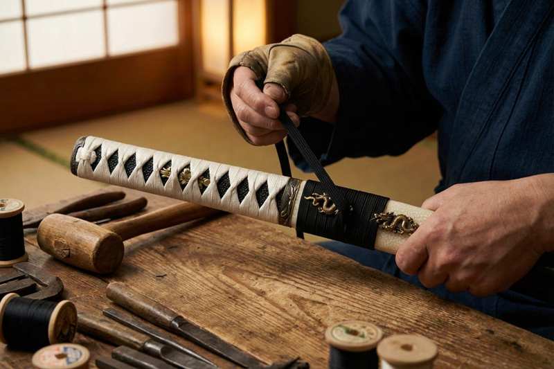 Tsumamimaki traditional katana handle wrapping with diamond shaped pattern