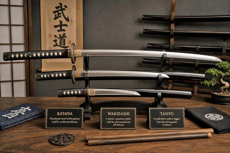 Different types of Samurai swords including Katana Tachi Wakizashi and Tanto Different types of Samurai swords including Katana Tachi Wakizashi and Tanto