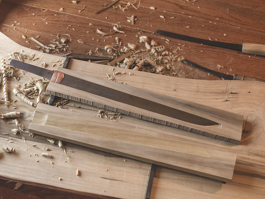 Traditional wooden construction of a Japanese katana saya