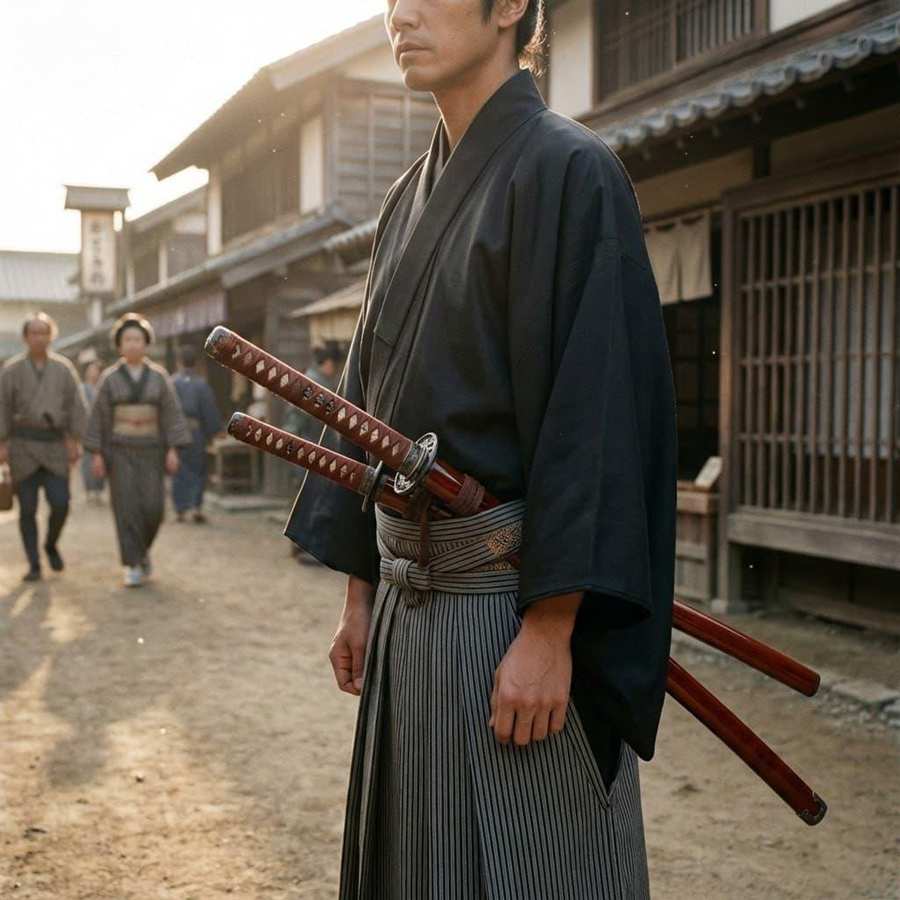 Historical samurai wearing Katana and Wakizashi Daisho sword pair