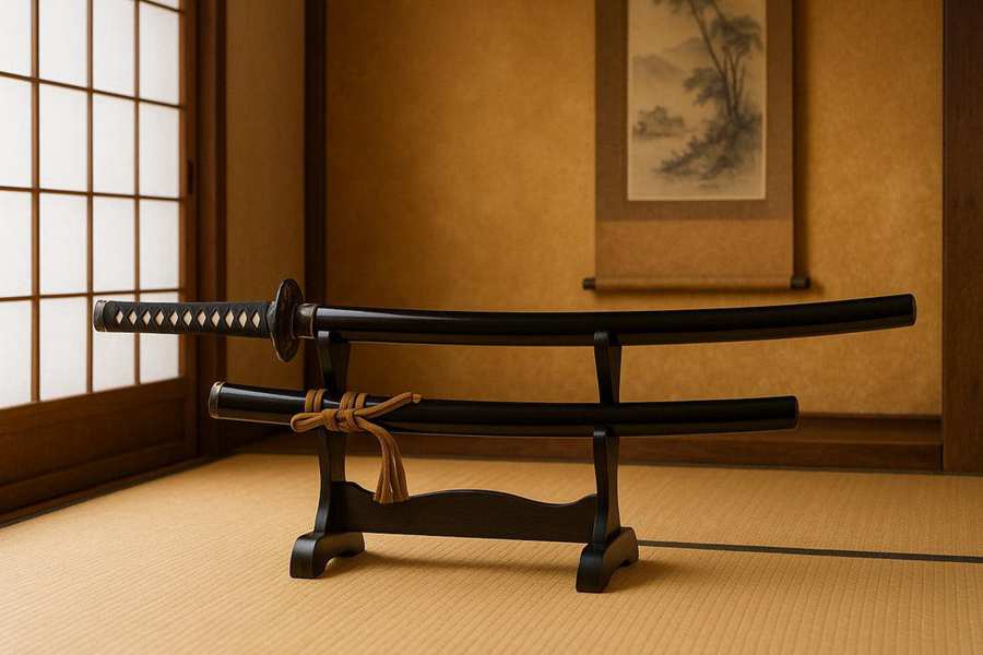 Traditional Daisho Katana and Wakizashi swords displayed together