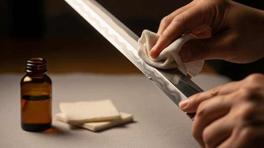 Applying choji oil to a Katana blade during maintenance