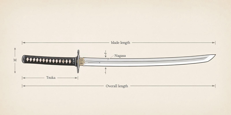 Diagram showing katana tsuka handle length, blade length, and overall sword length.