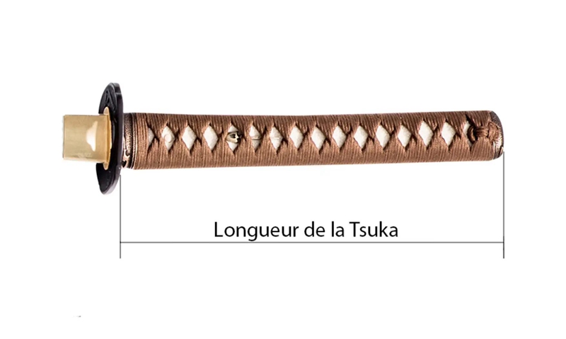 Japanese katana tsuka handle positioned beside a measuring tape to illustrate handle dimensions.
