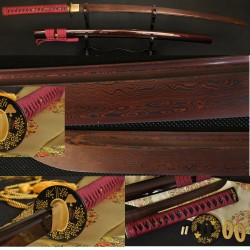 Hand Forged Black&Red Damascus Oil Quenched Full Tang Blade Iron Koshirae Japanese KATANA Samurai Sword