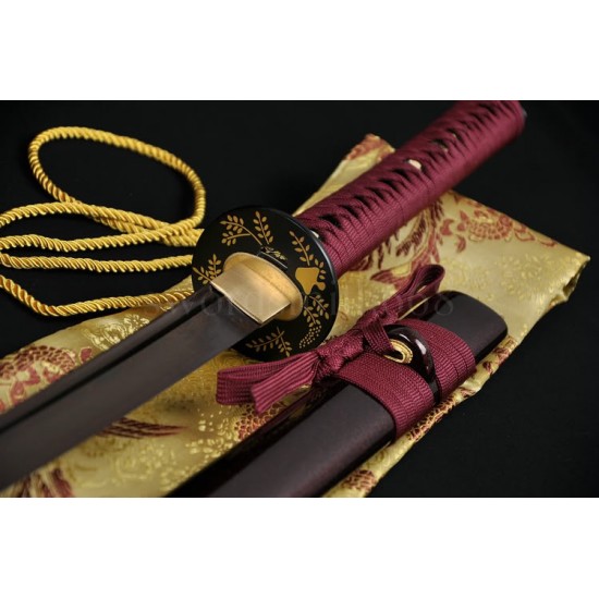 Hand Forged Black&Red Damascus Oil Quenched Full Tang Blade Iron Koshirae Japanese KATANA Samurai Sword