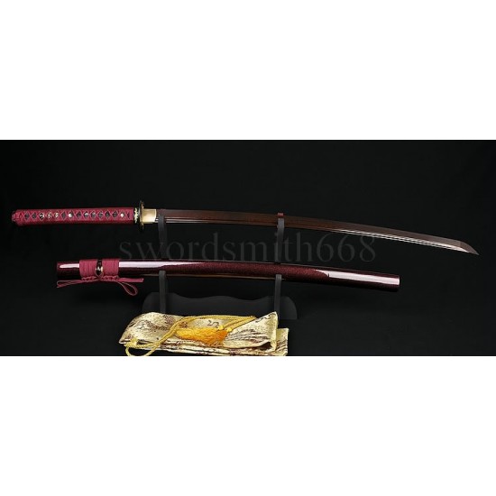 Hand Forged Black&Red Damascus Oil Quenched Full Tang Blade Iron Koshirae Japanese KATANA Samurai Sword