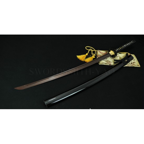 Hand Forged Black&Red Oil Quenched Damascus Full Tang Blade Iron Koshirae Japanese KATANA Sword