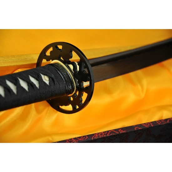 Hand Forged Black&Red Oil Quenched Damascus Full Tang Blade Iron Koshirae Japanese KATANA Sword