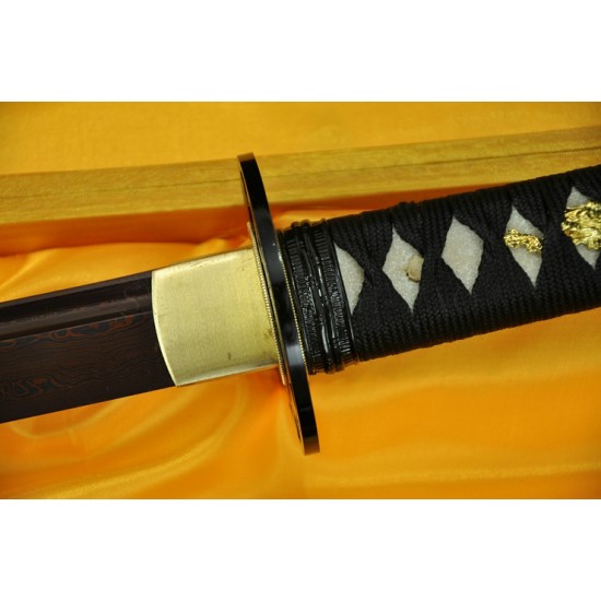 Hand Forged Black&Red Oil Quenched Damascus Full Tang Blade Iron Koshirae Japanese KATANA Sword