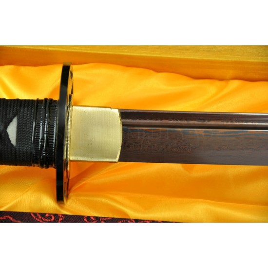 Hand Forged Black&Red Oil Quenched Damascus Full Tang Blade Iron Koshirae Japanese KATANA Sword