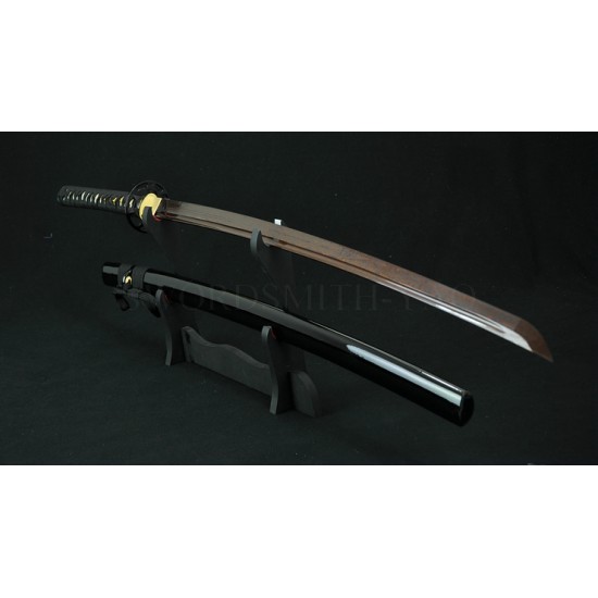 Hand Forged Black&Red Oil Quenched Damascus Full Tang Blade Iron Koshirae Japanese KATANA Sword