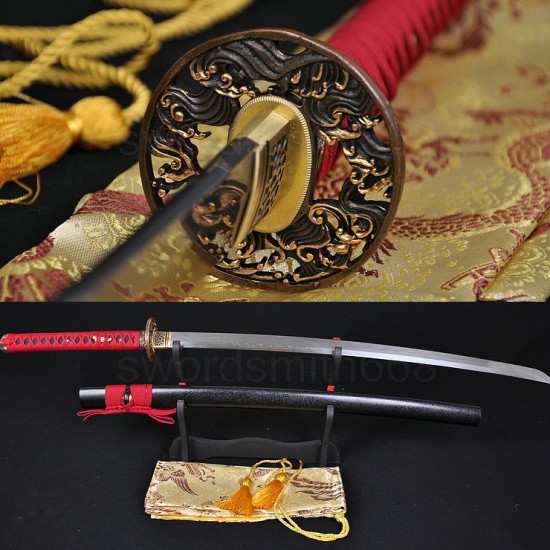 Fully Hand Forged Damascus Steel Clay Tempered Blade Wave Koshirae Japanese Samurai Sword