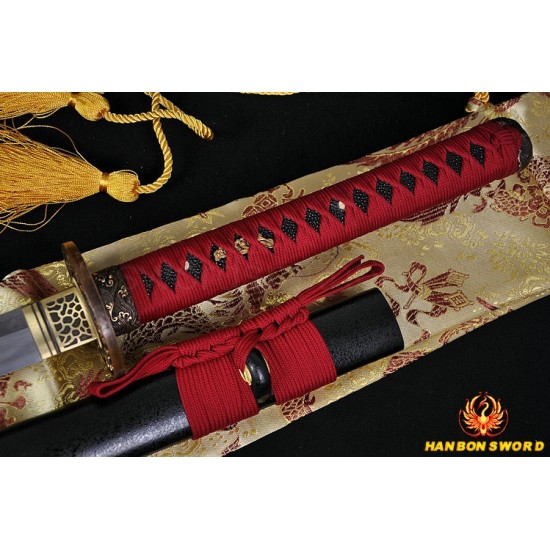 Fully Hand Forged Damascus Steel Clay Tempered Blade Wave Koshirae Japanese Samurai Sword