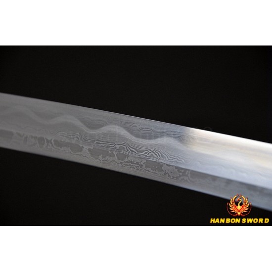 Fully Hand Forged Damascus Steel Clay Tempered Blade Wave Koshirae Japanese Samurai Sword