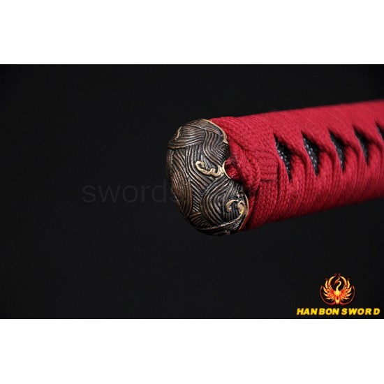 Fully Hand Forged Damascus Steel Clay Tempered Blade Wave Koshirae Japanese Samurai Sword