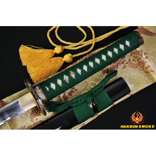 Green Tsuka-ito Japanese Samurai Sword KATANA Unokubi-Zukuri Full Tang Clay tempered Blade