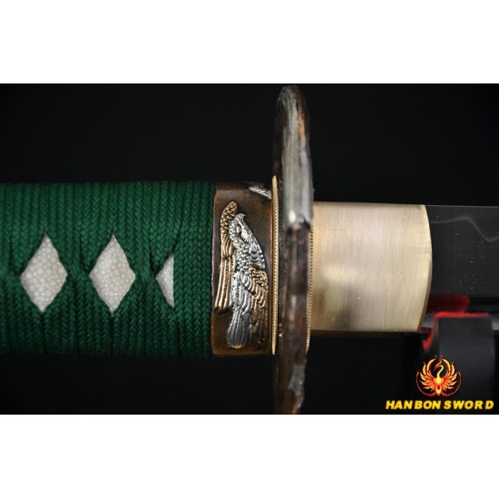 Green Tsuka-ito Japanese Samurai Sword KATANA Unokubi-Zukuri Full Tang Clay tempered Blade