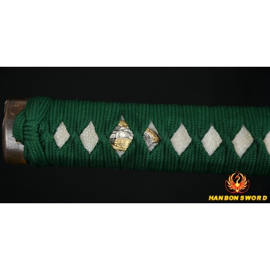 Green Tsuka-ito Japanese Samurai Sword KATANA Unokubi-Zukuri Full Tang Clay tempered Blade