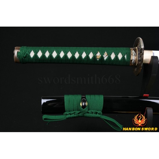 Green Tsuka-ito Japanese Samurai Sword KATANA Unokubi-Zukuri Full Tang Clay tempered Blade