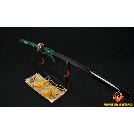 Green Tsuka-ito Japanese Samurai Sword KATANA Unokubi-Zukuri Full Tang Clay tempered Blade