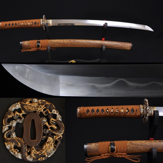 Fully Hand Forged Damascus Steel Clay Tempered Blade Dragon Koshirae Japanese Samurai Sword Wakizashi