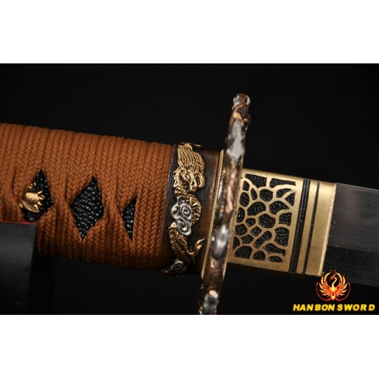 Fully Hand Forged Damascus Steel Clay Tempered Blade Dragon Koshirae Japanese Samurai Sword Wakizashi