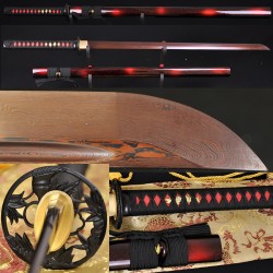 Hand Forged Black&Red Oil Quenched Damascus Oil Quenched Full Tang Blade Japanese Ninja Sword 