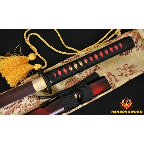 Hand Forged Black&Red Oil Quenched Damascus Oil Quenched Full Tang Blade Japanese Ninja Sword 