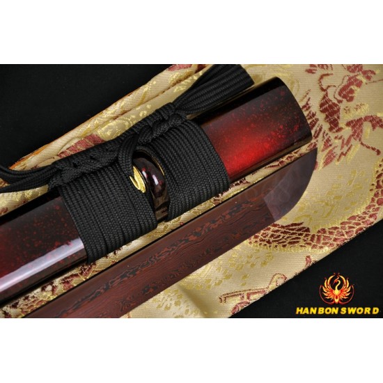 Hand Forged Black&Red Oil Quenched Damascus Oil Quenched Full Tang Blade Japanese Ninja Sword 