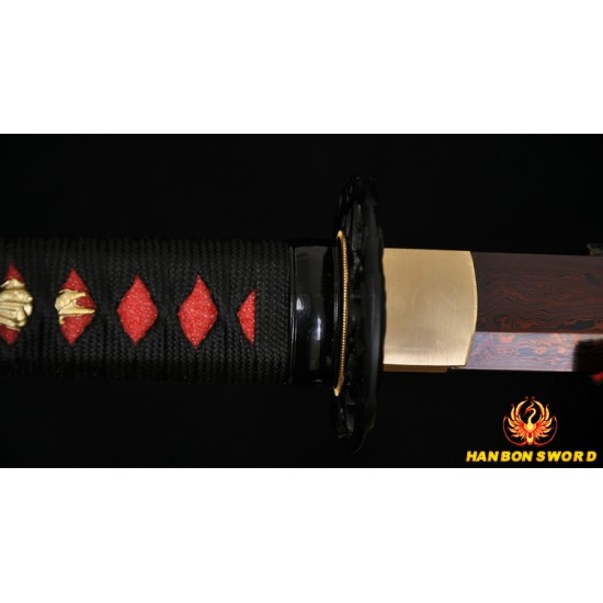 Hand Forged Black&Red Oil Quenched Damascus Oil Quenched Full Tang Blade Japanese Ninja Sword 