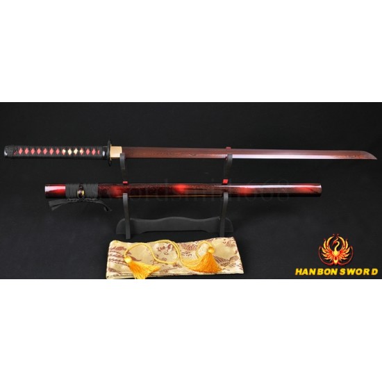 Hand Forged Black&Red Oil Quenched Damascus Oil Quenched Full Tang Blade Japanese Ninja Sword 