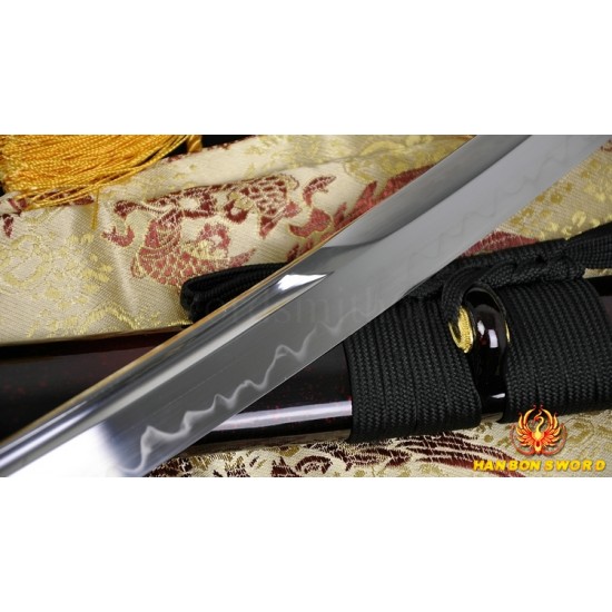 1095 high carbon steel Japanese Samurai Sword Wakizashi Unokubi-Zukuri Full Tang Clay tempered Blade