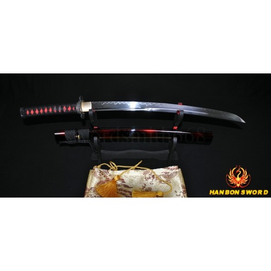 1095 high carbon steel Japanese Samurai Sword Wakizashi Unokubi-Zukuri Full Tang Clay tempered Blade