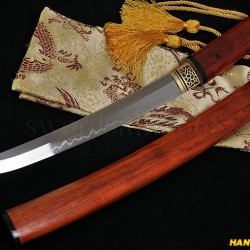 Hand Made Japanese Samurai Shirasaya Sword TANTO Clay Tempered Blade Red Wood SAYA&HANDLE