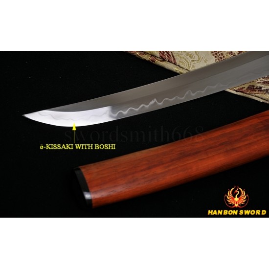 Hand Made Japanese Samurai Shirasaya Sword TANTO Clay Tempered Blade Red Wood SAYA&HANDLE