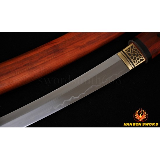 Hand Made Japanese Samurai Shirasaya Sword TANTO Clay Tempered Blade Red Wood SAYA&HANDLE