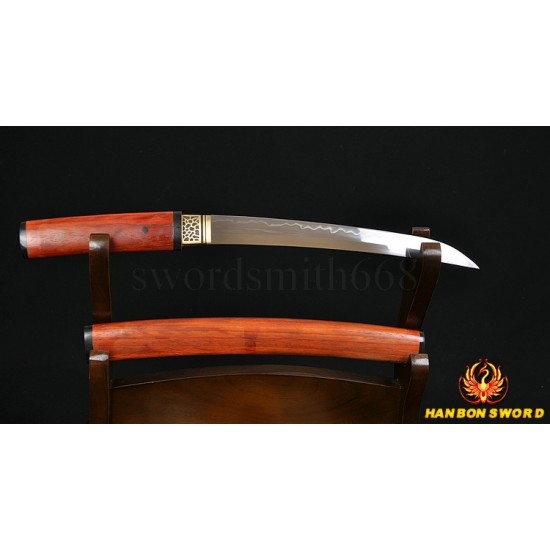 Hand Made Japanese Samurai Shirasaya Sword TANTO Clay Tempered Blade Red Wood SAYA&HANDLE