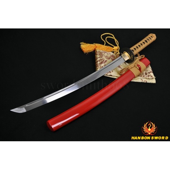 Lion Koshiare Damascus Steel Oil Quenched Full Tang Blade Japanese Samurai Sword WAKIZASHI