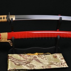 Lion Koshiare Damascus Steel Oil Quenched Full Tang Blade Japanese Samurai Sword WAKIZASHI