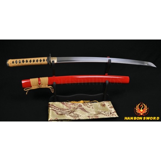 Lion Koshiare Damascus Steel Oil Quenched Full Tang Blade Japanese Samurai Sword WAKIZASHI